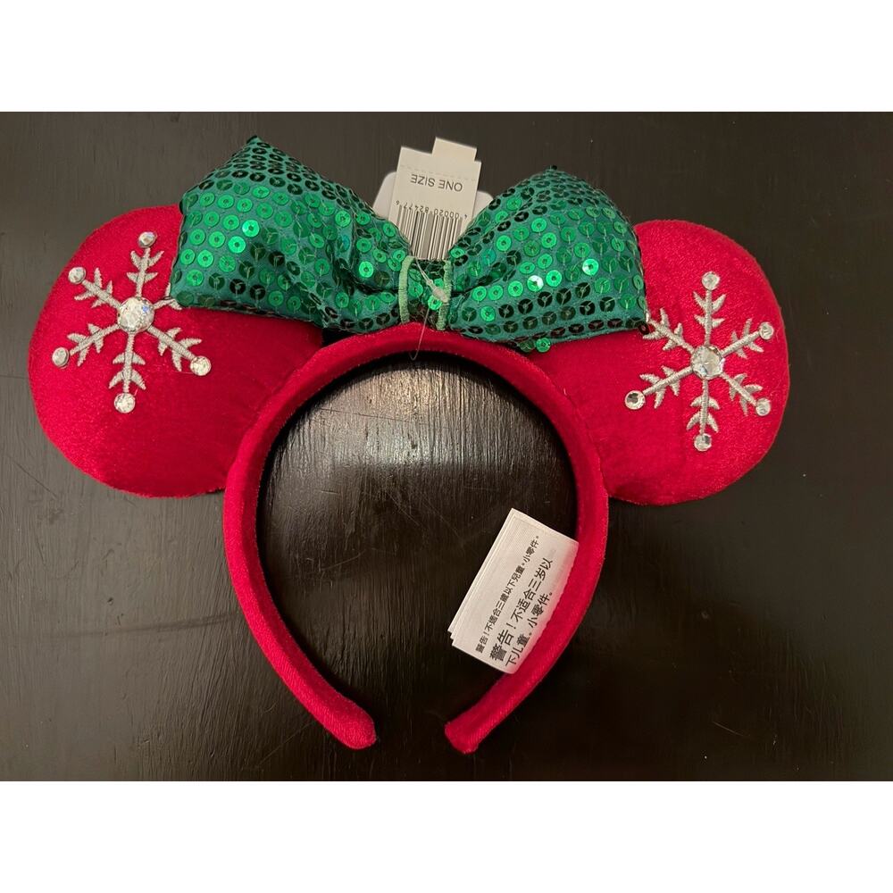 Disney Parks Minnie Mouse Headband Red Ears Green Bow Snowflakes Christmas NWT